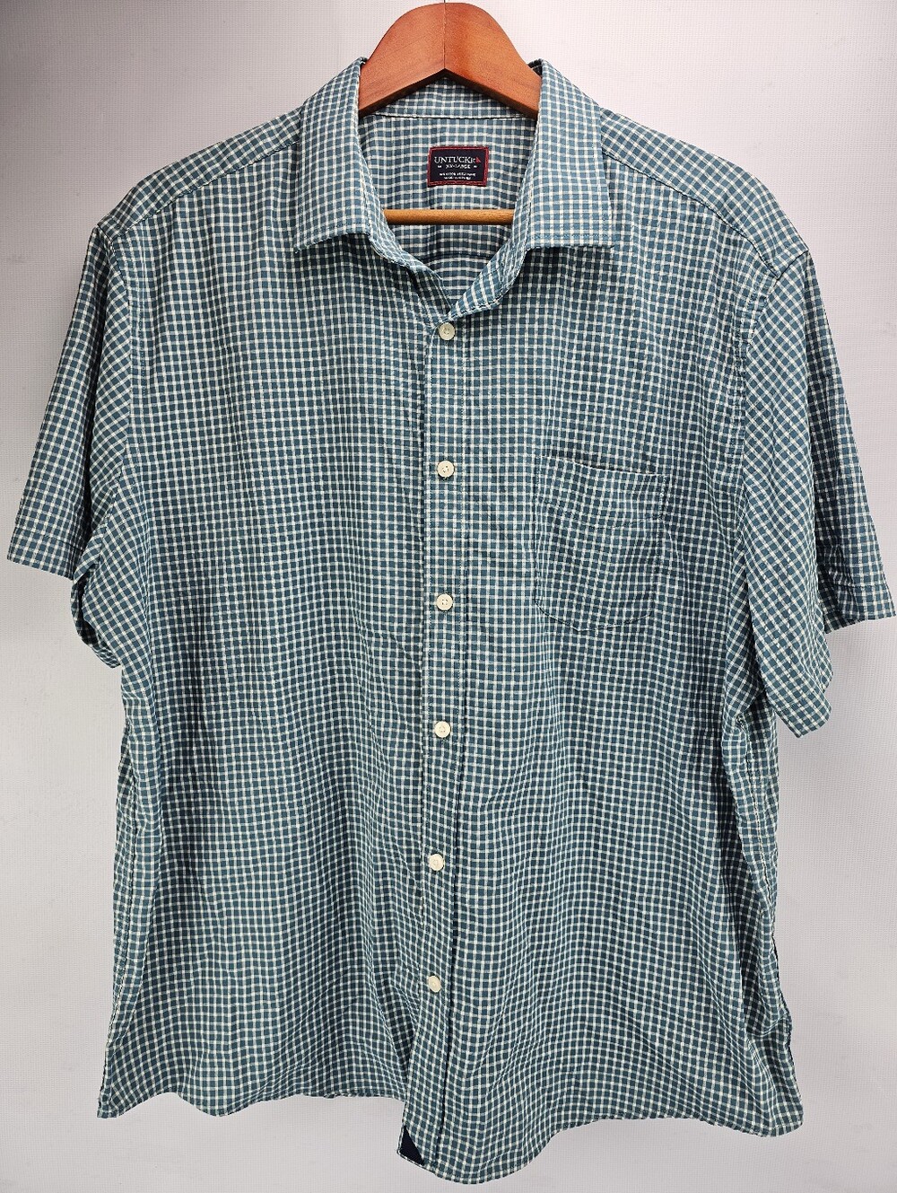 Untuckit Men's Performance Button Down Short Sleeve Shirt Teal White Gingham XXL